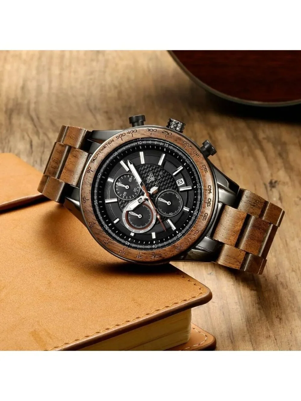 Men's Black Olive Stainless Steel Chronograph Solid Multifunctional Wooden Watch
